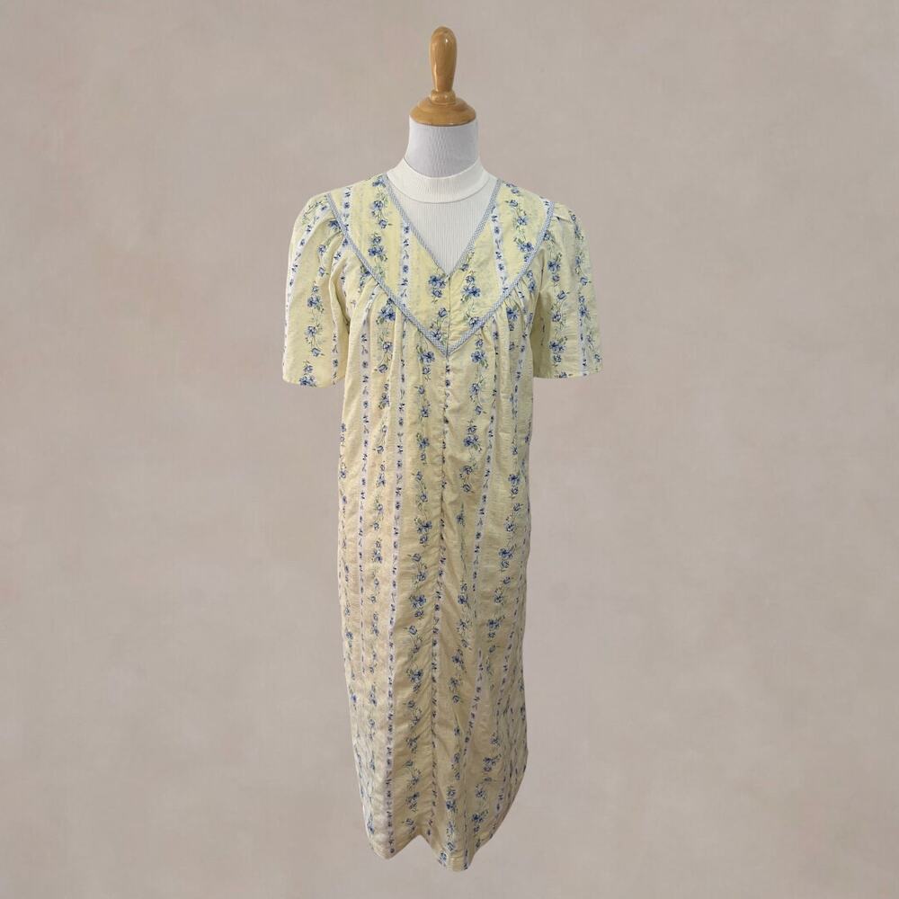 Vintage Y2K Celestial Dreams Floral Zip Front House Dress Nightgown M Yellow